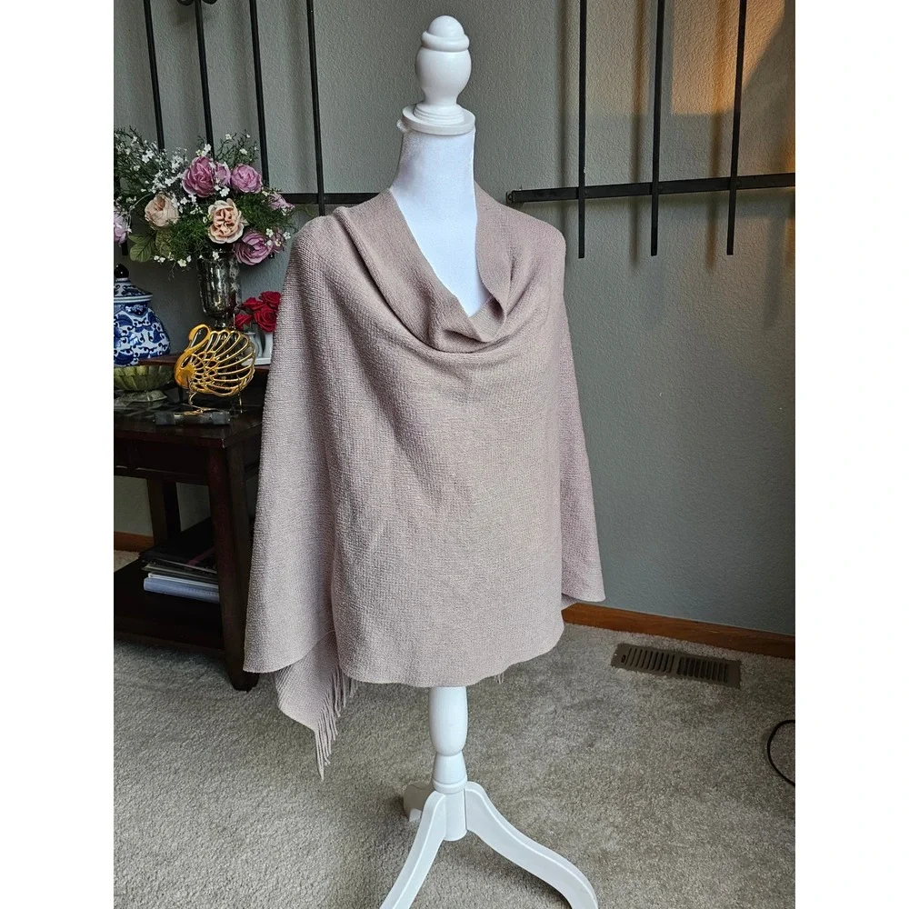 Echo Women's Rosy Taupe Knit Cowl Neck Poncho Cape Fringe Draped Sweater Wrap